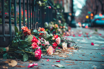 Flowers left at a memorial fence to honor victims on a city street, background