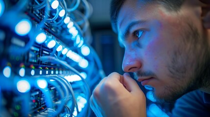A high-tech photo of an engineer checking network cables, focused expression, detailed view of cables and connectors, organized server racks in the background, modern server room. Cool blue lighting,