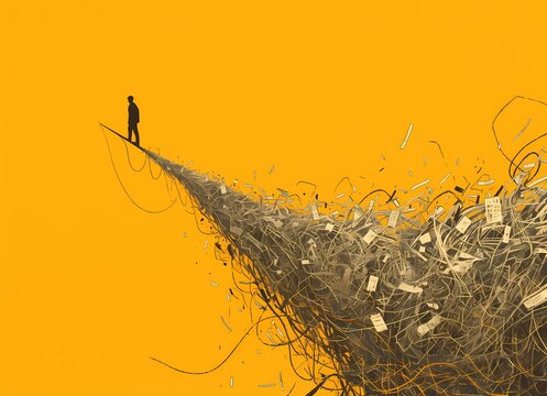 Businessman running away from mess chaos line. concept of find solution, thinking process and problem solving.
