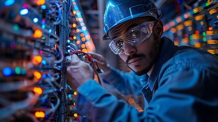 A high-tech photo of an engineer checking network cables, focused expression, detailed view of cables and connectors, organized server racks in the background, modern server room. Cool blue lighting,