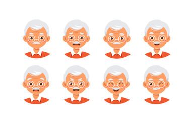 Old man constructor. Grandfather with different emotions and feelings. Kit for creating animations. Pack of heads and faces. Senior and pensioner. Flat vector collection