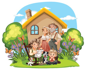 Happy Family with Dogs Outdoors