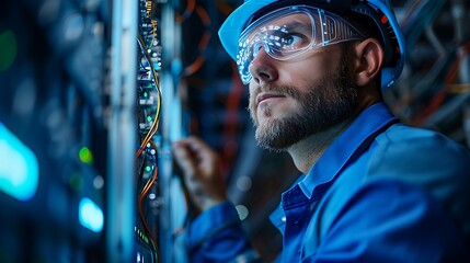 A high-tech photo of an engineer configuring virtual machines on the server, focused expression, detailed server equipment, organized cables in the background, modern server room.