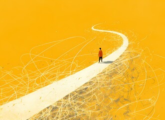 Businessman running away from mess chaos line. concept of find solution, thinking process and problem solving.
