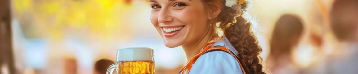 Joyful Bavarian Revelry: A Woman in Traditional Dirndl Embracing the Spirit of Oktoberfest with a Beer Stein in Hand