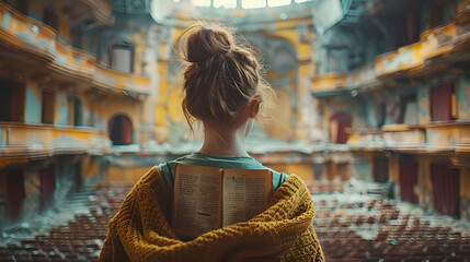 A girlstanding in theater front of empty seats