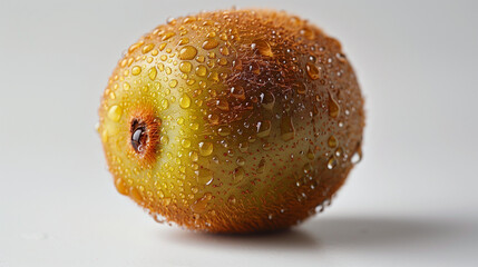A single kiwi fruit with water droplets on it on a white background 