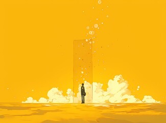 Business opportunity or career success vector concept with man walking enter door. Symbol of courage