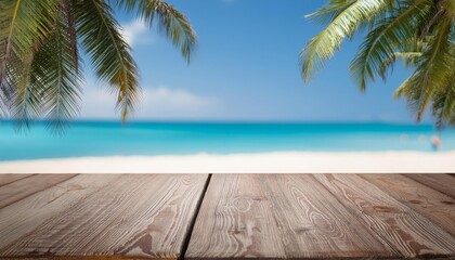 Polished wooden table for product display with a smooth, blurred background of a tropical beach with palm trees