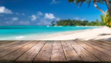 Polished wooden table for product display with a smooth, blurred background of a tropical beach with palm trees