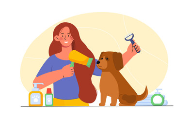 Grooming for dog. Woman with hairdryer and comb near puppy. Taking care of pets and domestic animals. Cleanliness and hygiene. Flat vector illustration