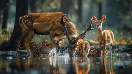 Forest animals sharing a watering hole during a drought, wildlife interdependence preservation, resource sharing