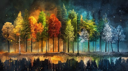 Forest in various seasons, showcasing the cycle of life, forest biosphere protection, seasonal change