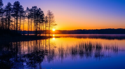 Stunning Sunset Over Calm Lake Surrounded by Tall Trees in Early Evening