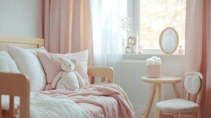 Pink and White Nursery with Plush Teddy Bear