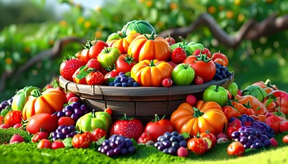 Colorful fruits and vegetables interweave into a vibrant scene.