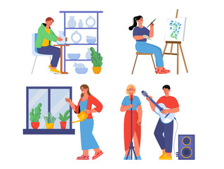 People with hobby set. Man with ceramic vase, woman painting on canvas, young girl watering plants and guy playing guitar. Music, gardening, pottery and drawing. Flat vector illustration