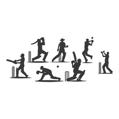 Cricket player, isolated vector silhouette, ink drawing. Cricket logo, Multiple images of a cricket player