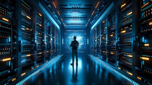 An engineer conducting a routine maintenance check in a futuristic data center, holographic interface visible, glowing server racks, organized and tidy workspace. Cool blue lighting, immersive,