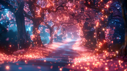 The photo shows a beautiful path in a forest, with colorful lights hanging from the trees.