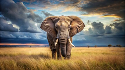 Obraz premium Realistic of a majestic elephant standing in the savanna, wildlife, African, safari, animal, nature, trunk, tusks, large