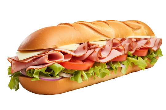 close Up Italian sub sandwich PNG sandwich with Italian dressing on a baguette isolated on white and transparent background - Salami Lettuce , Tomato and Pickles Restaurant Menu Advertising