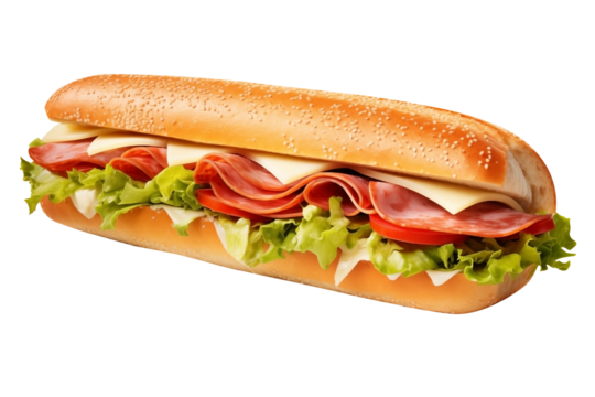close Up Italian sub sandwich PNG sandwich with Italian dressing on a baguette isolated on white and transparent background - Salami Lettuce , Tomato and Pickles Restaurant Menu Advertising