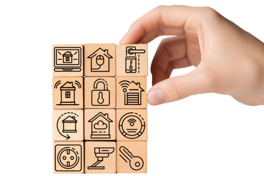 Hand Stacking wooden blocks with Smart Home automation icons PNG isolated on white and transparent background - Wireless Technology Smart Home Security Concept