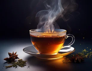 Fototapeten A cup of hot tea for morning breakfast against a dark background © Masakhi