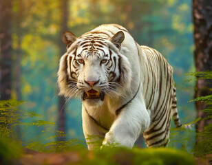Naklejka premium Close-up photo of a white tiger against a snowy jungle 