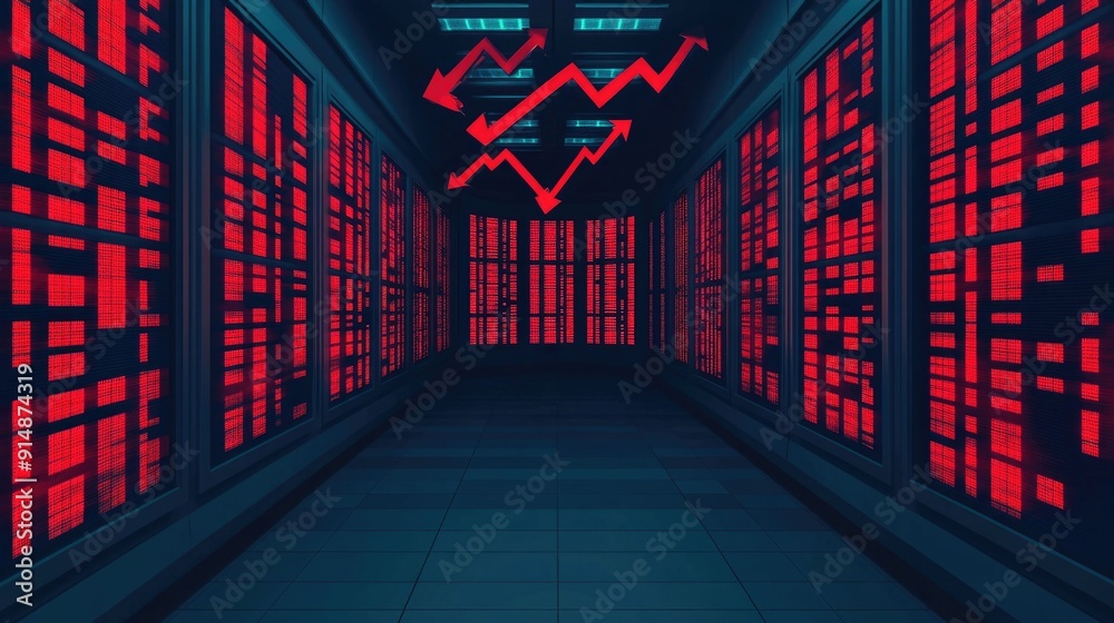 Poster digital of a ticker board showing red numbers and downward arrows representing a market crash and de