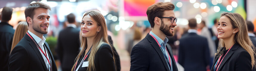 Fototapeta premium Businesspeople interact energetically at a trade fair, set against a backdrop of bright banners and a lively, diverse audience.