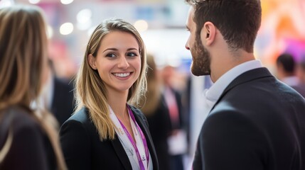 Businesspeople interact energetically at a trade fair, set against a backdrop of bright banners and a lively, diverse audience.