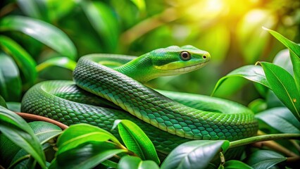 Fototapeta premium Green snake slithering through lush garden foliage, snake, green, garden, reptile, nature, wildlife, serpent, scales, vibrant