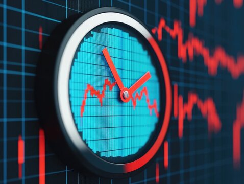Clock Face with Downward Trending Market Chart Symbolizing the Time Running Out During a Financial Crash Economic Recession or Market Volatility