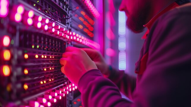 An engineer installing a new server rack, front view, precise cable connections, glowing server lights, well-organized equipment. Sharp focus, high-tech, professional setting. --ar 16:9 --v 6.
