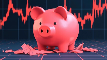 depicting a shattered piggy bank with a crashing chart symbolizing the devastating impact of a market crash on personal savings and financial well being  This image represents the financial crisis