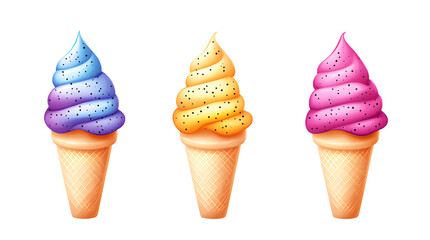 Picture draw by watercolor soft serve ice cream in waffle cone sprinkle, yellow, pink, blue color isolated on transparent background or cut out PNG. Homemade Soft yogurt original flavors milk.