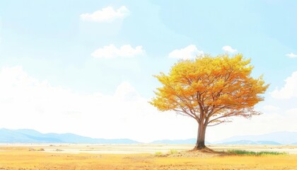 Lonely tree in barren landscape, sun scorching, clear blue sky