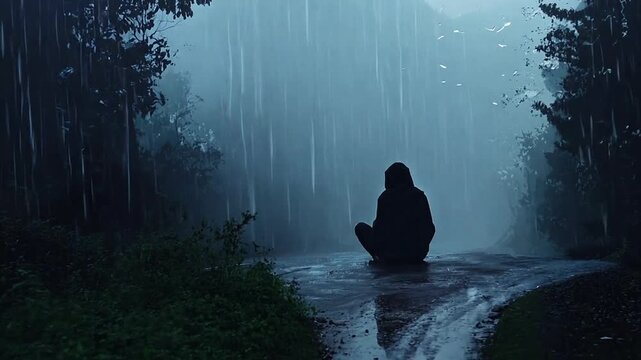 Pushing towards a sad person in silhouette sitting with their back turned on a muddy hill as rain pours around them. For sadness meme.