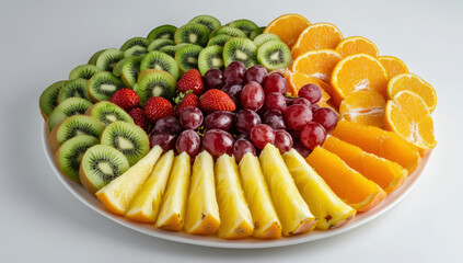 Fruit platter with various types of fruits arranged on a white plate