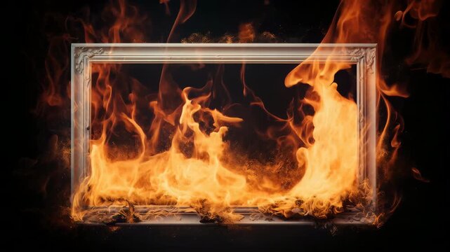 Fiery inferno inside picture frame on black background.