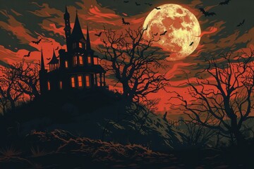 Fototapeta premium An old, spooky house on top of a hill with a full moon