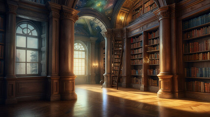 Watercolor Painting: Photomanipulation of a magical library with floating books, enchanted scrolls, and secret passages, 2k --ar 4:3 --s 250