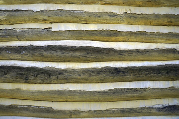 Detailed view of the wood and old cement forming one wall of a log cabin dating from the early 20th century