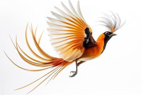 Exotic bird of paradise flying with open wings on white background