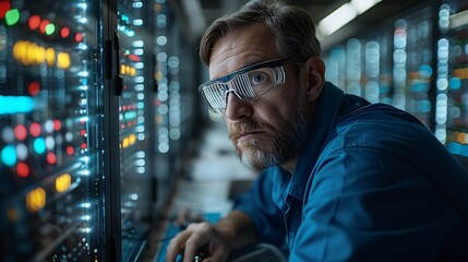 An engineer reviewing server logs on a monitor, multiple servers around, tools and equipment on a nearby table, focused expression, modern data center. Cool and warm lighting mix, high-definition,
