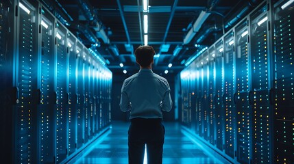 An engineer reviewing server logs on a monitor, rear view showing detailed server connections, bright overhead lights, reflective surfaces of the server equipment, spacious server room. Clean,
