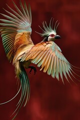 Fototapeta premium Exotic bird with long tail feathers flying on red background