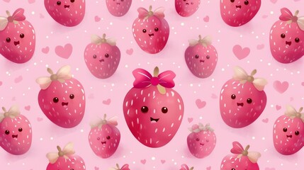 Fototapeta premium Cute Strawberry Characters with Pink Bows